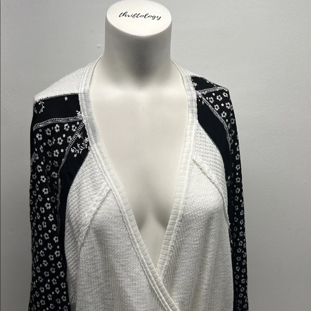 Free People Auxton Thermal Tie Waist Long Sleeve Shirt Top Ivory Black Medium